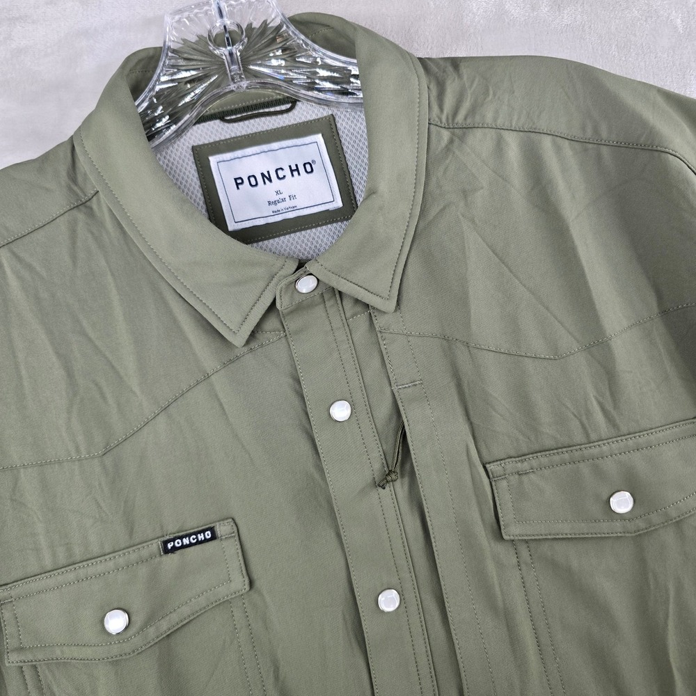 Poncho Shirt Mens XL Green Short Sleeve Western Pearl Snap Performance